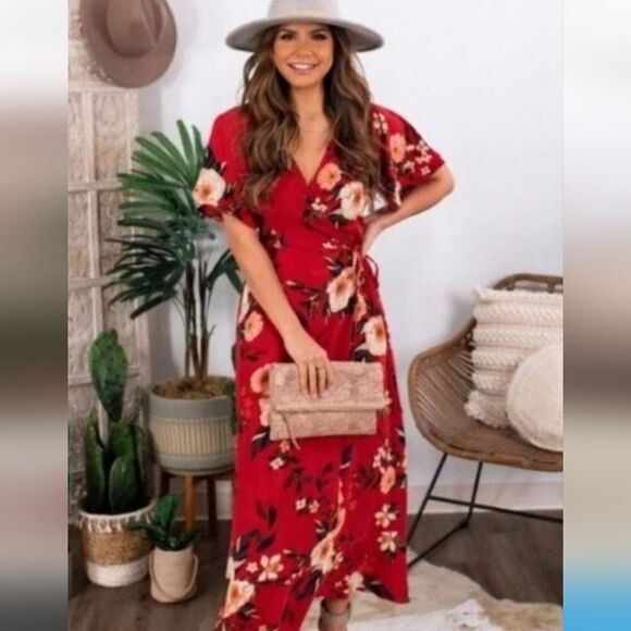 Sadie & Sage Floral Wrap Dress Flutter Sleeve Small - Picture 1 of 9